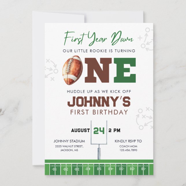 Football First Year Down 1st Birthday Invitation Einladung (Vorderseite)