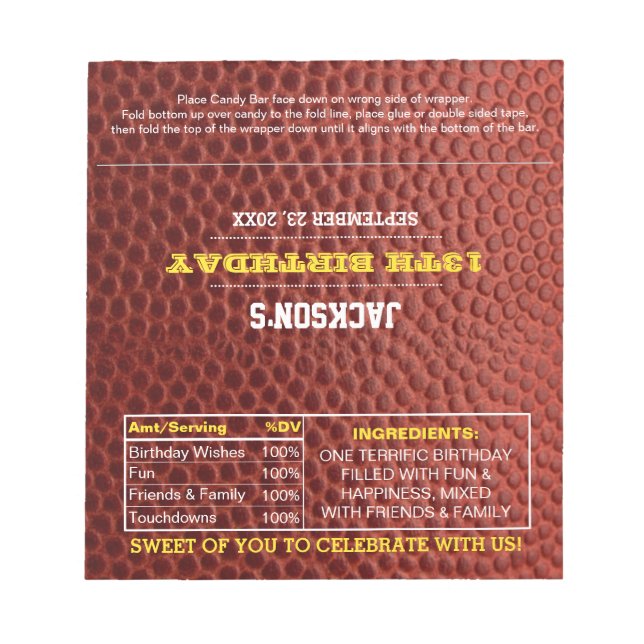 Football Gold Gastgeschenk Chocolate Candy Wrapper Notizblock (Vorderseite)