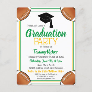 Football Green & Gold Graduation Party Einladungspostkarte