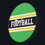 FOOTBALL Grün Weiß Schwarz Orange Rennstreifen Große Wanduhr<br><div class="desc">Dieses sportliche Design zeigt einen fetten,  athletischen FOOTBALL-Text innerhalb breiter schwarzer,  gelb-oranger und weißer Rennstreifen auf grünem Hintergrund. Die Farben und der Text in diesem Design können personalisiert werden.</div>