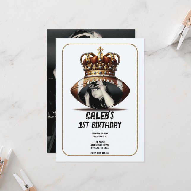 Football King Gold Crown Foto 1. Geburtstag Einladung (Vorderseite/Rückseite Beispiel)