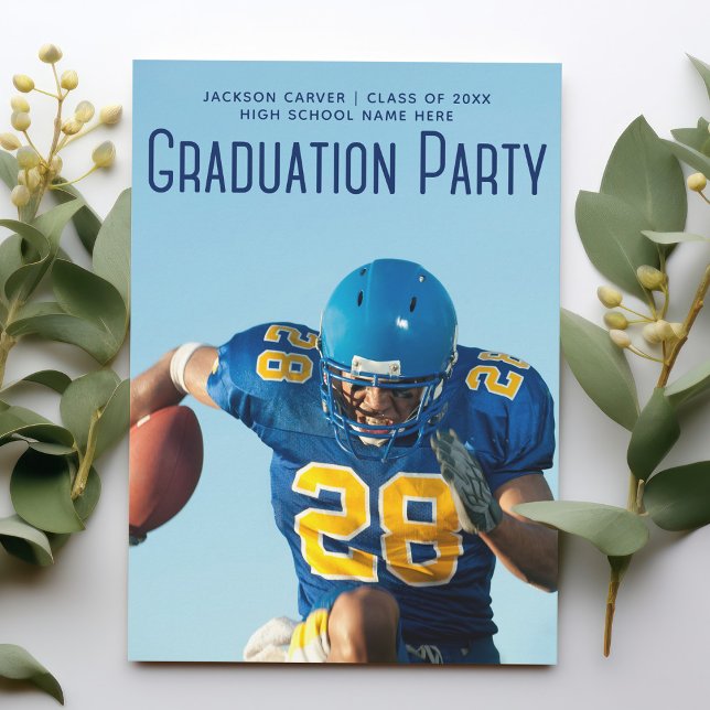 Football Player Foto Blue Script Graduation Party Einladung (Von Creator hochgeladen)