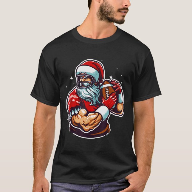 Football Player Santa Christmas Pajama Funny X-mas T-Shirt (Vorderseite)