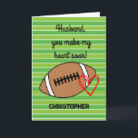 Football Pub Husband Geburtstag Karte<br><div class="desc">Eine personalisierte Fußball-Geburtstagskarte für Ehemann mit Fußball und Herz auf der Vorderseite mit einem Platz für Sie,  seinen Namen hinzuzufügen. Die Insider-Kartennachricht enthält eine Fußballspiel-Geburtstagsnachricht,  die auch personalisiert sein kann,  wenn sie gewollt wird. Eine einzigartige Fußball-Geburtstagskarte für ihn speziell für Fußballfans!</div>
