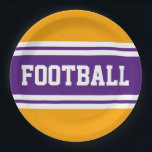 FOOTBALL Spaß Lila Gelbe Streifen Pappteller<br><div class="desc">Dieses sportliche,  sportliche Design mit feinem FOOTBALL-Text in einem markierten breiten lila Streifen mit doppelweißen Rennstreifen vor goldgelbem Hintergrund. Der Text in diesem Design kann personalisiert sein.</div>