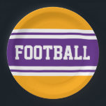 FOOTBALL Spaß Lila Gelbe Streifen Pappteller<br><div class="desc">Dieses sportliche,  sportliche Design mit feinem FOOTBALL-Text in einem markierten breiten lila Streifen mit doppelweißen Rennstreifen vor goldgelbem Hintergrund. Der Text in diesem Design kann personalisiert sein.</div>