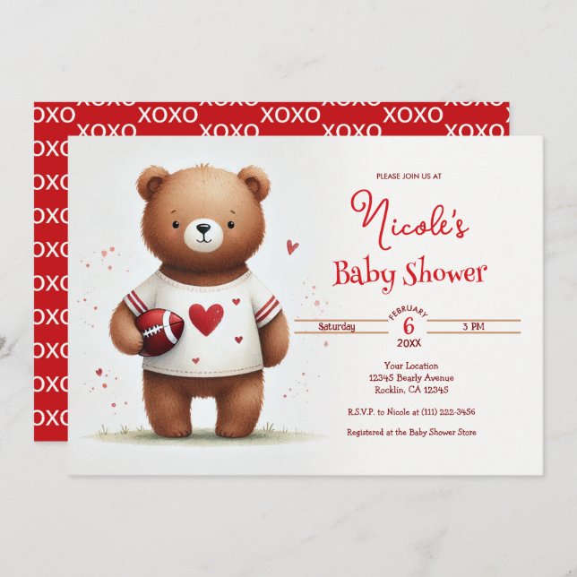 Football Teddy Bear Valentine's Baby Shower Einladung (Vorne/Hinten)