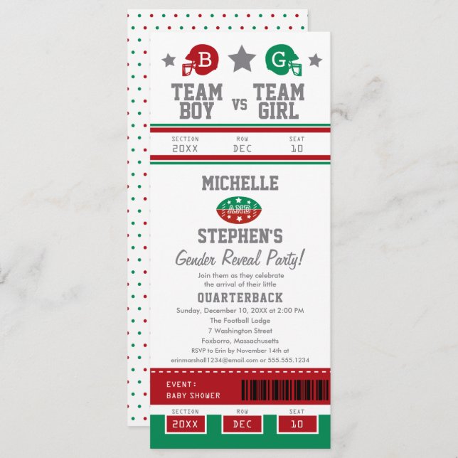 Football Ticket Gender Reveal Baby Shower Einladung (Vorne/Hinten)