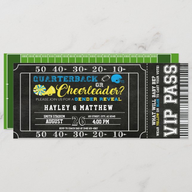 Football Ticket Quarterback oder Cheerleader Baby Einladung (Vorne/Hinten)