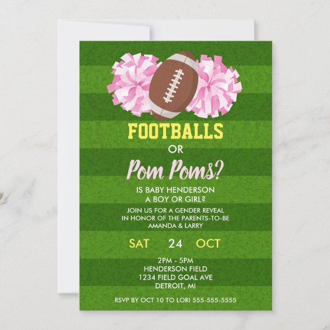 Footballs oder Pom Poms Gender Reveal Einladung (Vorderseite)