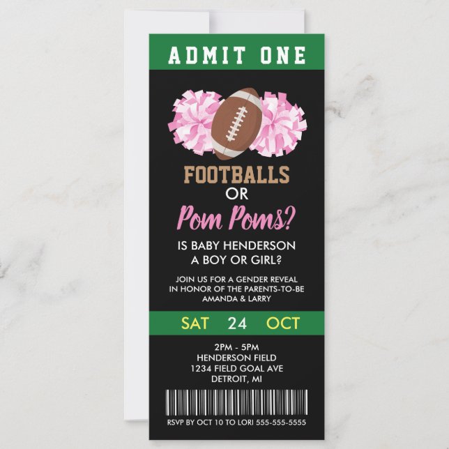 Footballs oder Pom Poms Gender Reveal Ticket Einladung (Vorderseite)