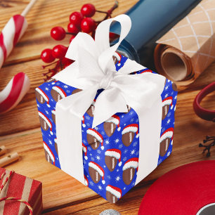 Footballs Santa's Hat & Snowflakes Blue Geschenkpapier