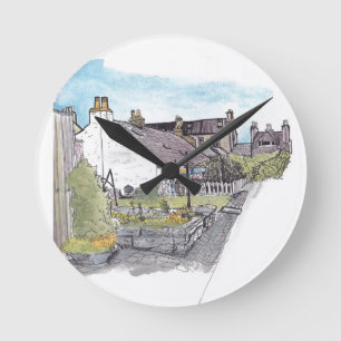 Footdee Aberdeen Fishing Village Wasserfarbe Runde Wanduhr