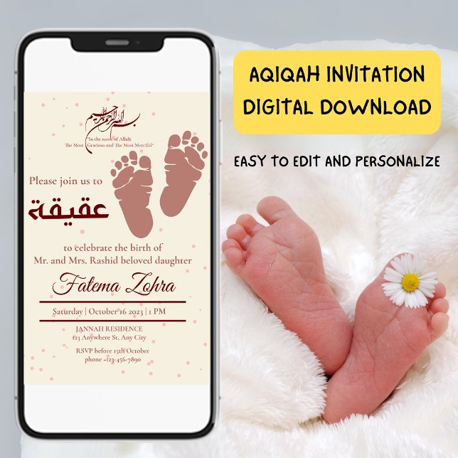 Footprint NewbornBaby Girl Muslim Aqiqah Aqeeqa Einladung (Footprint NewbornBaby Girl Muslim Aqiqah Aqeeqa Invitation)
