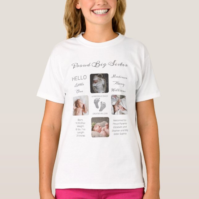 Footprints Foto Birth Keepake Proud Sister T-Shirt (Vorderseite)