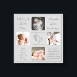 Footprints Mehrere Foto Grau Birth Keepake Leinwanddruck<br><div class="desc">Mit diesem "Hello Little One"-4-Foto-Design, das den Namen Ihres Babys, die Geburtenstatistik, die Namen der Eltern und Geschwister enthält, erstellen Sie einen so einzigartigen Geburts-Sake wie Ihr wertvolles Kind. In der Mitte befinden sich zwei Vorlagenzeilen für Ihre persönliche Nachricht oder Sie können unsere verwenden. Diese Nachricht ist oben und unten...</div>