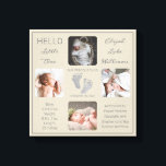 Footprints Mehrere Fotos Greige Birth Keepake Leinwanddruck<br><div class="desc">Mit diesem "Hello Little One"-4-Foto-Design, das den Namen Ihres Babys, die Geburtenstatistik, die Namen der Eltern und Geschwister enthält, erstellen Sie einen so einzigartigen Geburts-Sake wie Ihr wertvolles Kind. In der Mitte befinden sich zwei Vorlagenzeilen für Ihre persönliche Nachricht oder Sie können unsere verwenden. Diese Nachricht ist oben und unten...</div>