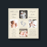 Footprints Mehrere Fotos Greige Birth Keepake Leinwanddruck<br><div class="desc">Mit diesem "Hello Little One"-4-Foto-Design, das den Namen Ihres Babys, die Geburtenstatistik, die Namen der Eltern und Geschwister enthält, erstellen Sie einen so einzigartigen Geburts-Sake wie Ihr wertvolles Kind. In der Mitte befinden sich zwei Vorlagenzeilen für Ihre persönliche Nachricht oder Sie können unsere verwenden. Diese Nachricht ist oben und unten...</div>