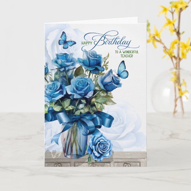 for Teacher Vase of Blue Roses Birthday Karte (Gelbe Blume)