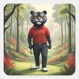 "Fore! Ein schwarzer Tiger, der Golf im Wald spiel Quadratischer Aufkleber