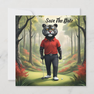 "Fore! Ein schwarzer Tiger, der Golf im Wald spiel Save The Date