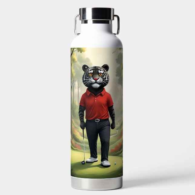"Fore! Ein schwarzer Tiger, der Golf im Wald spiel Trinkflasche (Vorderseite)