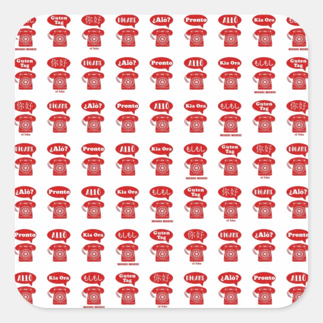 Foreign Language greetings telephone pattern Quadratischer Aufkleber (Vorderseite)