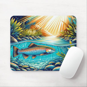 Forelle in kristallklarem Fluss unter üppigem Wald Mousepad