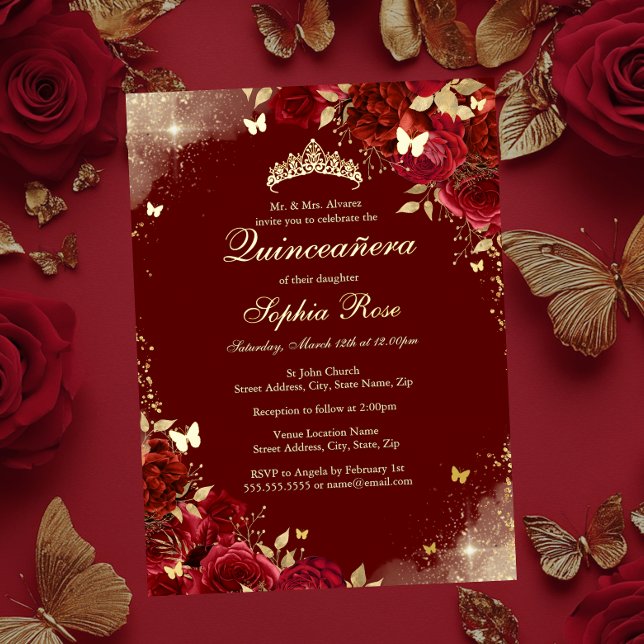 Forelle Red Gold Butterfly Floral Quinceanera Folieneinladung (Von Creator hochgeladen)