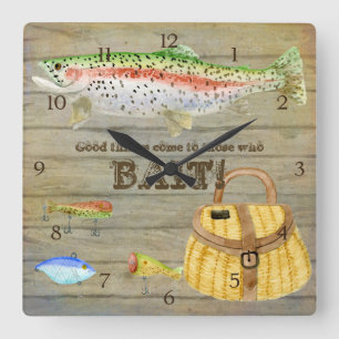 Forelle-Seen-Fischerei Creel Lures Vintag Quadratische Wanduhr