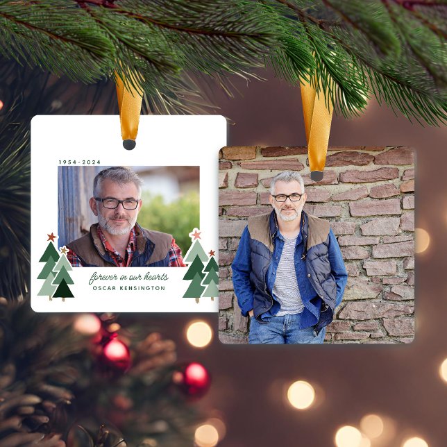 Forellen in unserem Herz Gedächtnis rustikale Bäum Keramikornament (Forever in Our Hearts Memorial Rustic Trees Photo Ceramic Ornament)