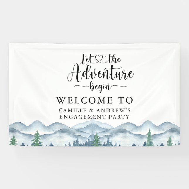 Forest Adventure Mountains Blue Engagement Party Banner (Horizontal)