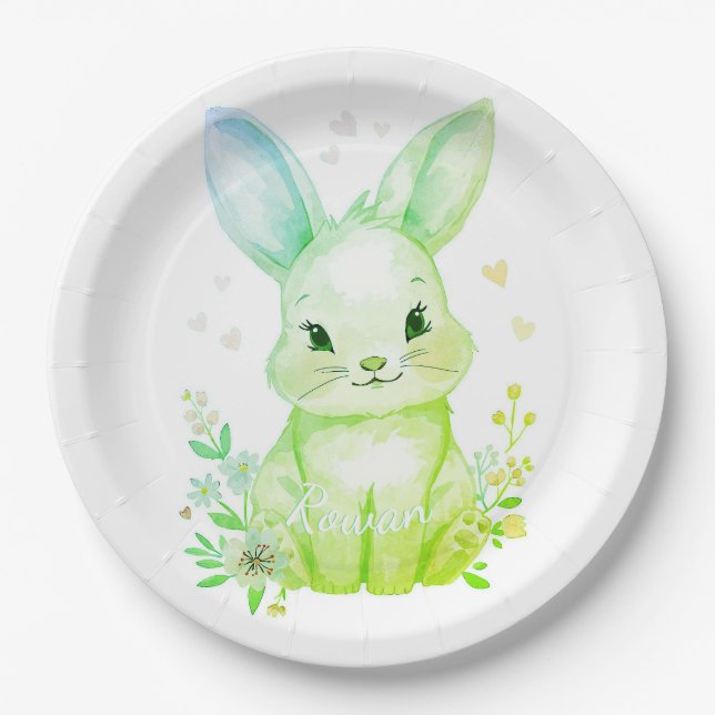 Forest Animal Baby Shower Decor Green Bunny Pappteller (Vorderseite)