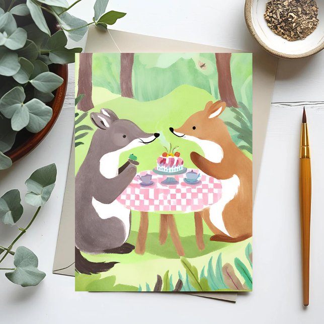Forest Animal Picnic | Whimsisches Niedliches Wass Postkarte (Von Creator hochgeladen)