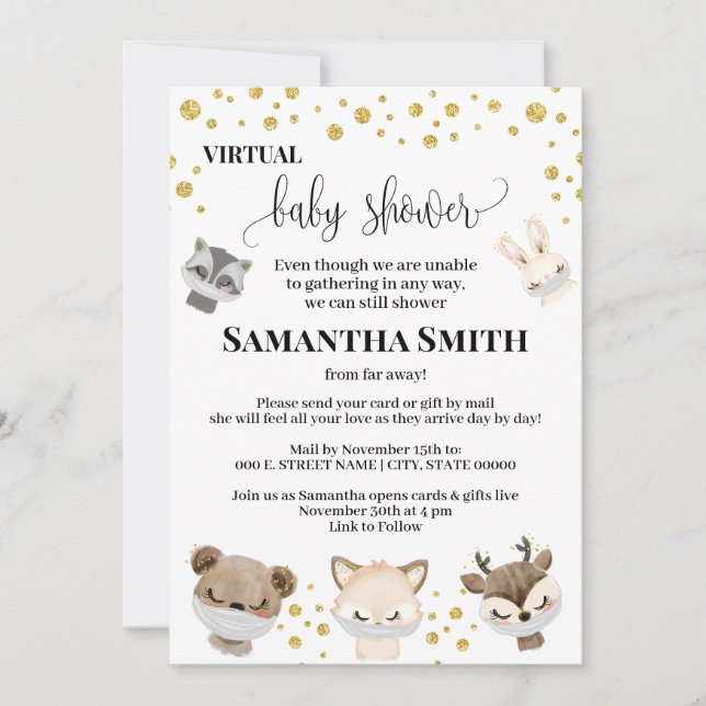 Forest Animal Virtual Baby Dusche Gold Glitzer Einladung (Vorderseite)