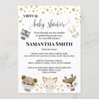 Forest Animal Virtual Baby Dusche Gold Glitzer Einladung