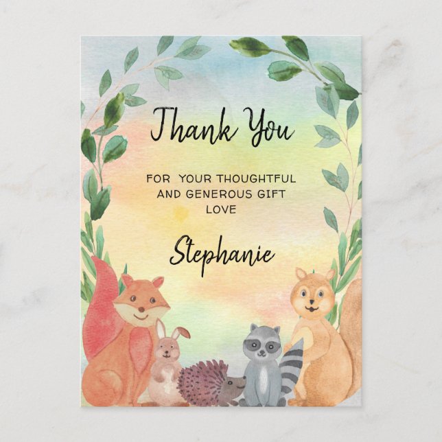 Forest Animals Baby Dusche Danke Postcard Postkarte (Vorderseite)