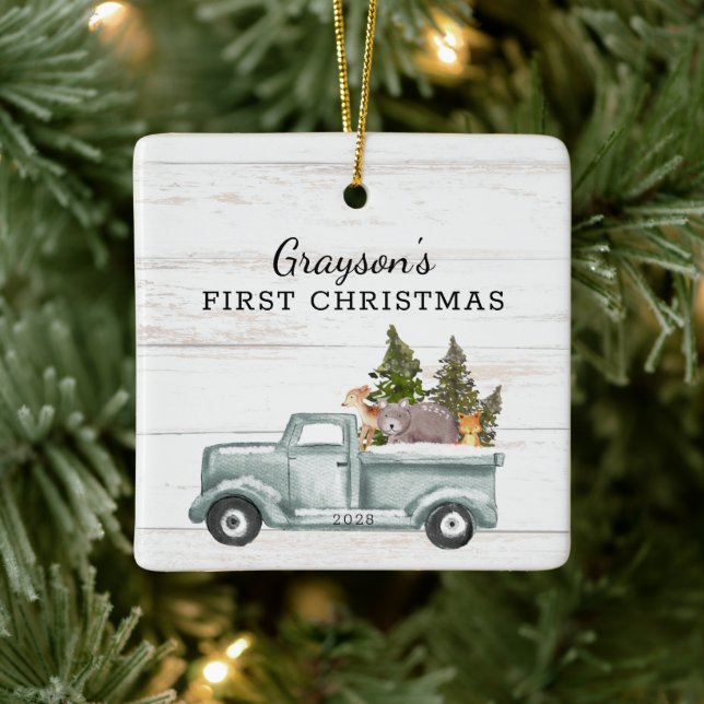 Forest Animals Truck Foto Baby's First Christmas Keramikornament (Baum)