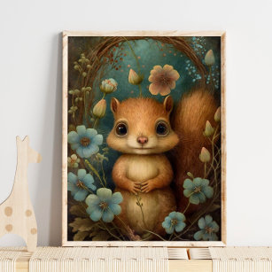 Forest Baby Squirrel Blume   Eichhörnchenwand Poster