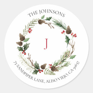 Forest Berry Pinecone Wreath Monogram Runder Aufkleber