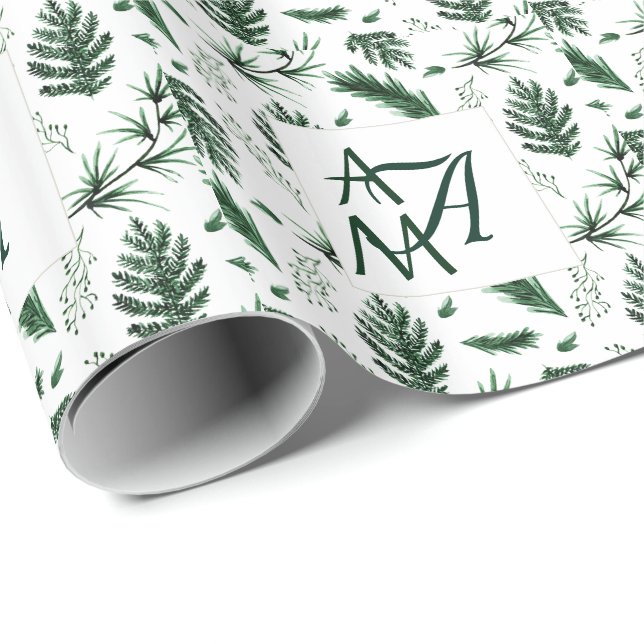 Forest Blätter Green Monogram 3 Initials Newlyweds Geschenkpapier (Rolleneckpunkt)