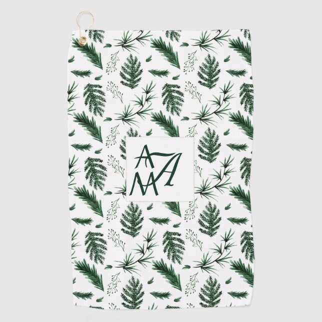 Forest Blätter Green Monogram 3 Initials Newlyweds Golfhandtuch (Vorderseite)