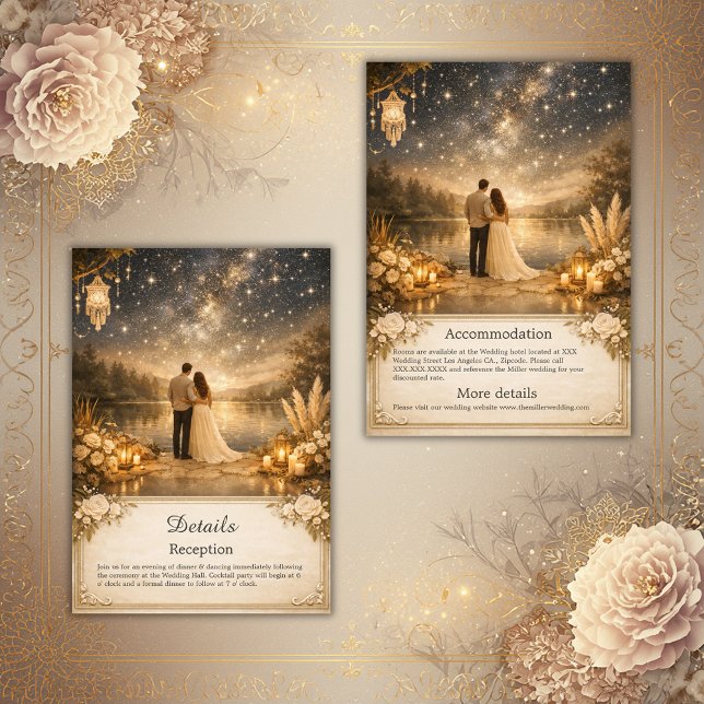 forest Blue Gold Starry Night Lake wedding Begleitkarte (Von Creator hochgeladen)