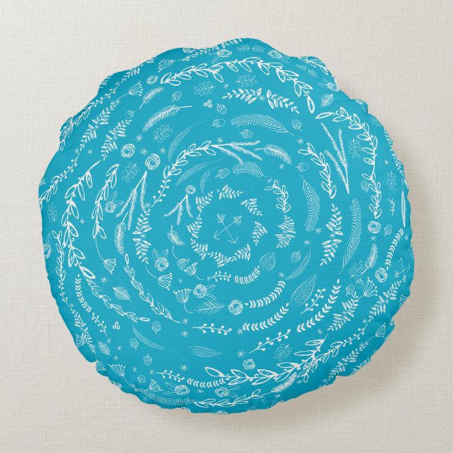 Forest Blue Reversible Grau Floral Garland Muster Rundes Kissen (Rückseite)