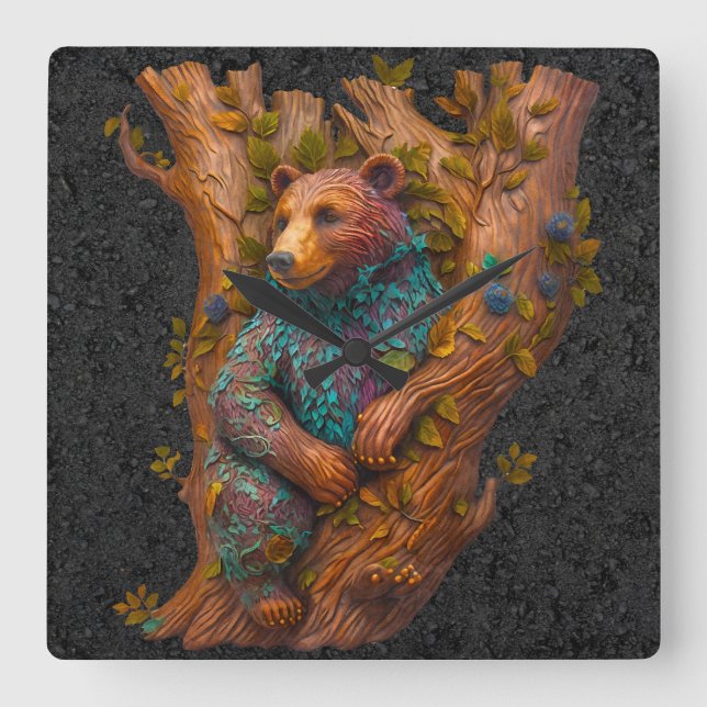 Forest Carving Wall Clock Quadratische Wanduhr (Vorderseite)