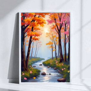 Forest Creek Herbstlaub Aquarell-Landschaft Poster