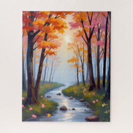 Forest Creek | Herbstlaub Wasserfarbenlandschaft Puzzle