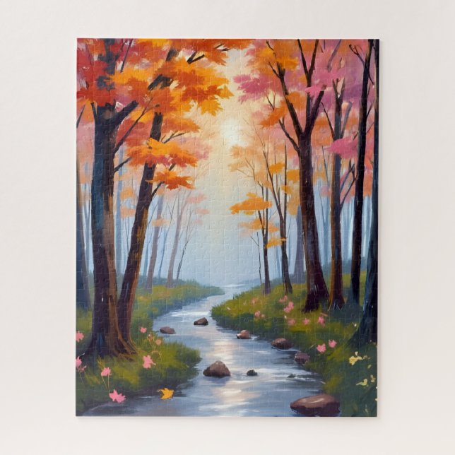 Forest Creek | Herbstlaub Wasserfarbenlandschaft Puzzle (Vertikal)