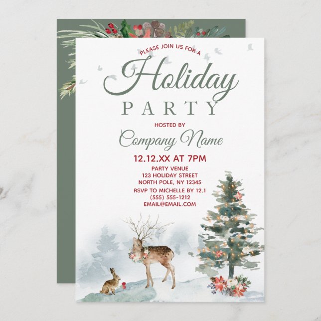Forest Deer Corporate Holiday Weihnachtsfest Party Einladung (Vorne/Hinten)