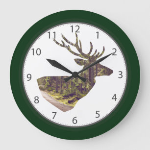 Forest Deer Head Forest Green Große Wanduhr